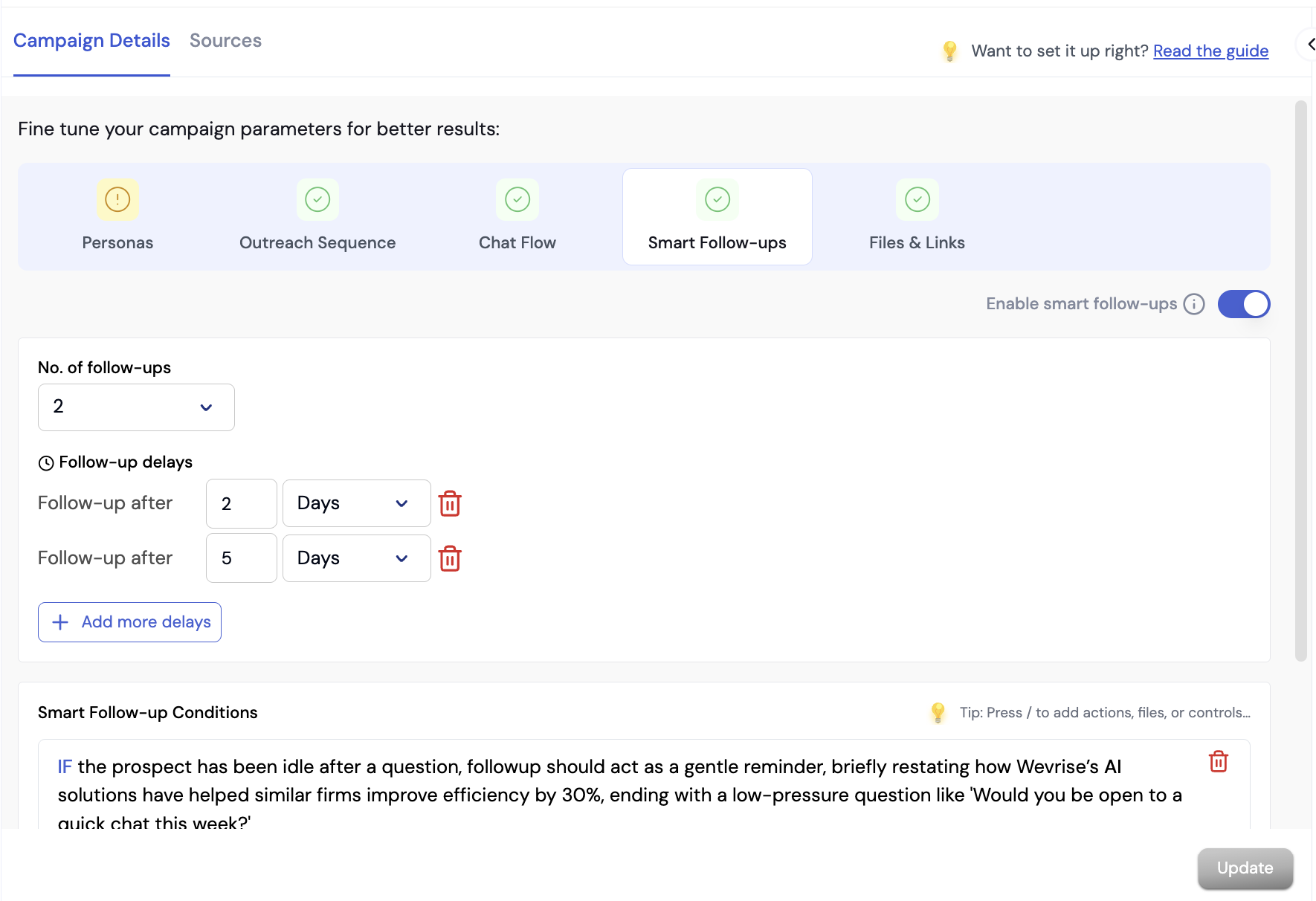 SBL Smart Follow-ups editor — cadence and conditions for automatic follow-ups